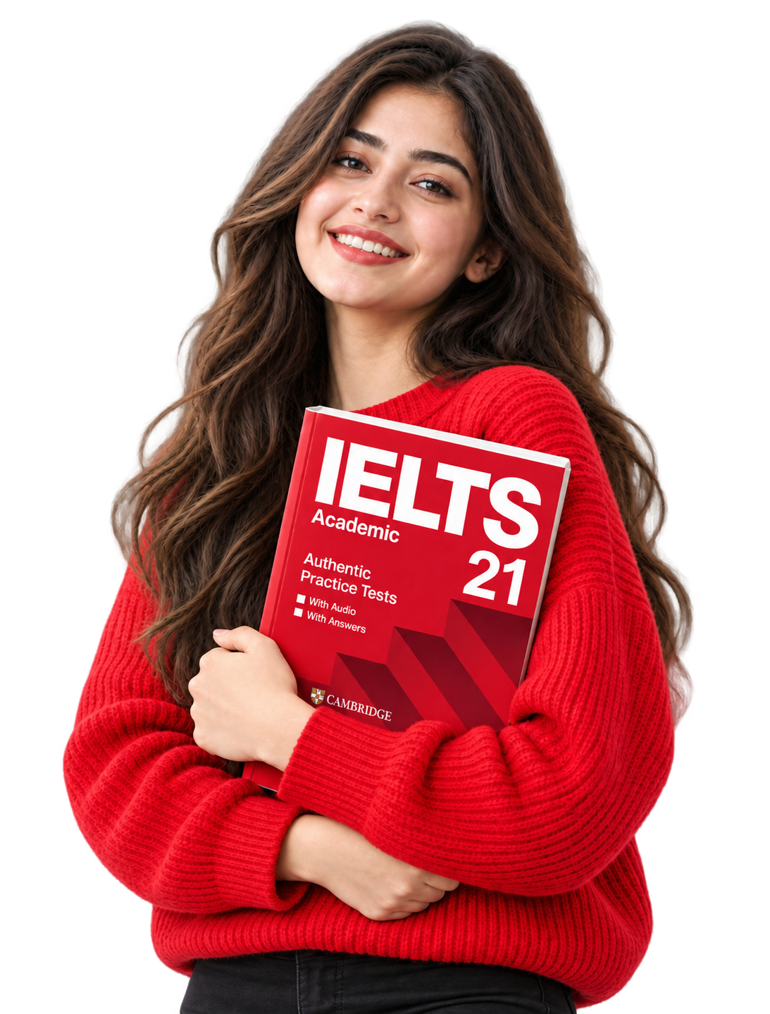 Smiling student holding an IELTS book