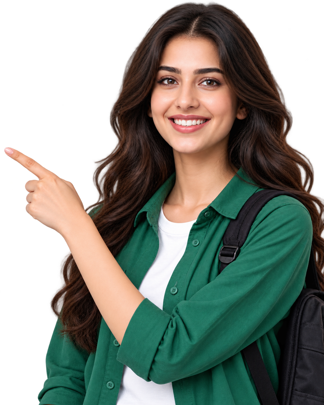 Smiling IELTS student with a backpack pointing to the demo class button